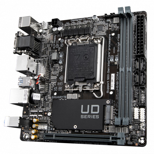 Gigabyte H610I DDR4 1.0 M/B Procesoru saime Intel, Procesora ligzda LGA1700, DDR4 DIMM, Atmiņas sloti 2, Atbalstītie cietā diska interfeisi SATA, M.2, SATA savienotāju skaits 4, Chipset Intel H610 Express, Mini-ITX