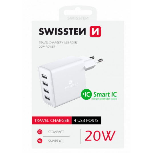 Swissten Smart IC Premium ceļojumu lādētājs 4 x USB 4A / 20W ar automātisku optimālu jaudas uzlādi