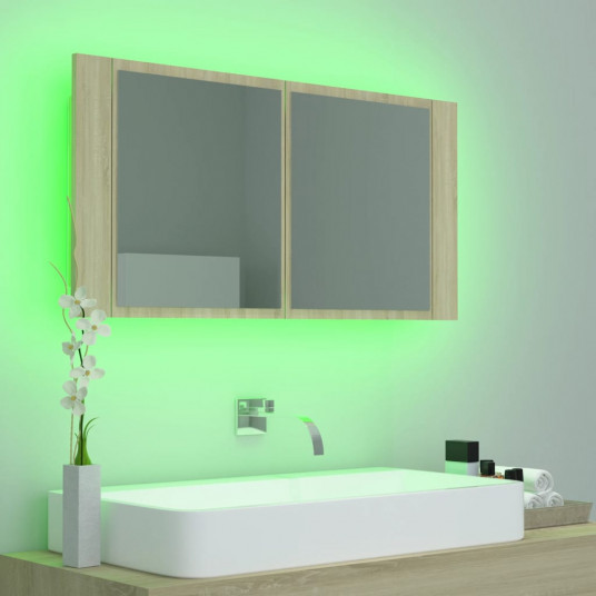 Vannasistabas spoguļskapītis ar LED, ozolkoka krāsa, 90x12x45cm