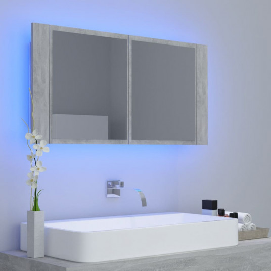 Vannasistabas spoguļskapītis ar LED, betona pelēks, 90x12x45 cm