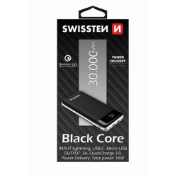 Swissten Black Core Premium Recovery Power Bank 2.1A / USB / USB-C / 30000 mAh Black
