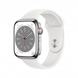 Viedais Pulkstenis Apple Watch Series 8 GPS, 45mm LTE Silver Stainless Steel Case with White Sport Band - Regular  MNKE3UL/A