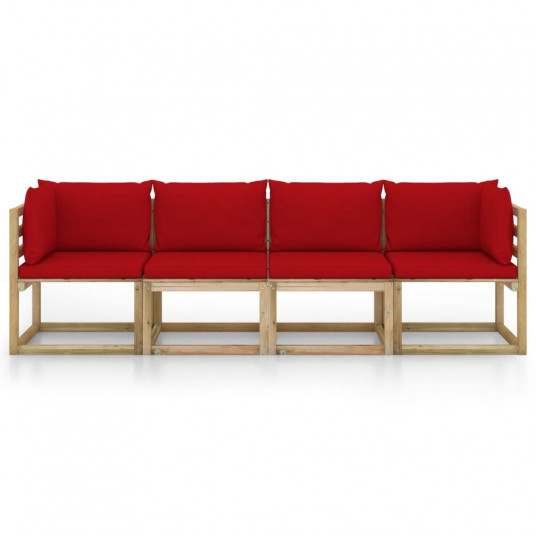 4-vietīgs dārza dīvāns ar sarkaniem matračiem