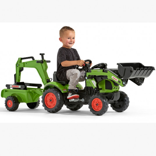 Falk traktors ar piekabi un iekrāvēju, zaļš