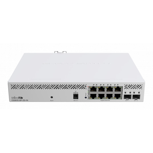 MikroTik mākoņa maršrutētāja slēdzis CSS610-8P-2S+IN Bez Wi-Fi, maršrutētāja slēdzis, montējams uz statīva, 10/100/1000 Mbit/s, Ethernet LAN (RJ-45) porti 8, Mesh atbalsta nr, MU-MiMO Nr. Nav mobilās platjoslas, SFP+ portu skaits 2