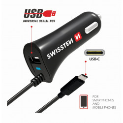 Swissten Premium Car charger 12 / 24V / 2.4A + non-detachable USB-C Data Cable 100 cm Black