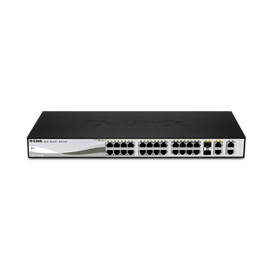 D-LINK DES-1210-28P, WEB Smart III slēdzis ar 24 PoE portiem 10/100Mbps un 2 portiem 10/100/1000Mbps un 2 Combo 10/100/1000BASE-T/SFP, bez ventilatora, 802.3x porta plūsma Kanāls, 4094–802.1Q VLAN, 802.1p prioritārās rindas, ACL, IGMP snooping, por