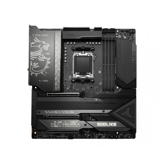 MSI MEG X670E GODLIKE Procesoru saime AMD, Procesora ligzda AM5, DDR5 DIMM, Atmiņas sloti 4, Atbalstītie cietā diska interfeisi SATA, M.2, SATA savienotāju skaits 8, Chipset AMD X670, E-ATX