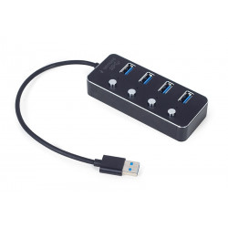 Gembird UHB-U3P4P-01 USB 3.1 (1. paaudze) ar barošanu aprīkots 4 portu centrmezgls ar slēdžiem, melns