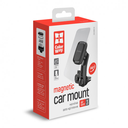 ColorWay Magnetic Car Holder For Smartphone  Air Vent-3 Gray, Adjustable, 360 °