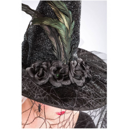Melna raganas cepure ar ziediem un plīvuru
