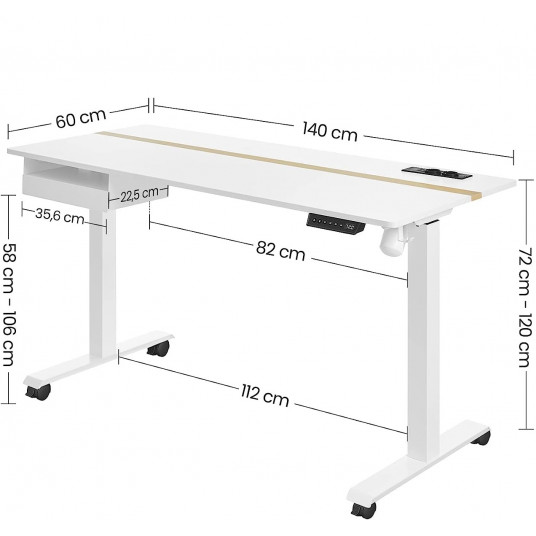 Regulējama augstuma galds ar atvilktni, balts 140x60