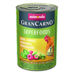 GranCarno Superfoods konservi suņiem ar vistu, spinātiem, avenēm un ķirbju sēklām 400g
