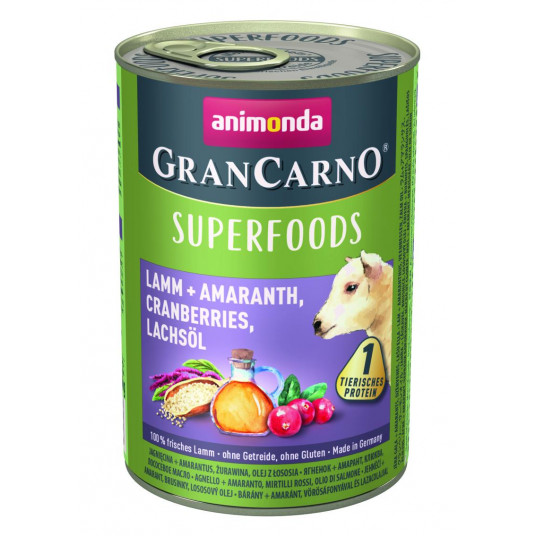 GranCarno Superfoods konservi suņiem ar jēra, amaranta, dzērveņu un laša eļļu 400 g