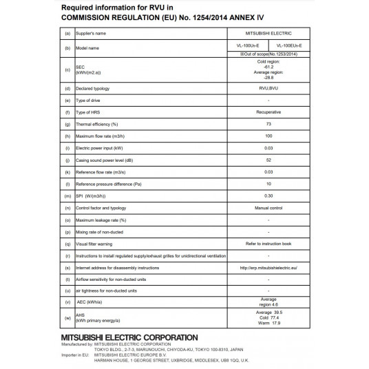 Rekuperators Mitsubishi Electric VL-100EU5-E 105m3/h VL-100EU5-E