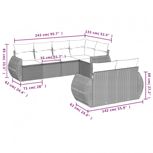 Dīvānu komplekts ar spilveniem, 7 gab., melns, polirotangpalma