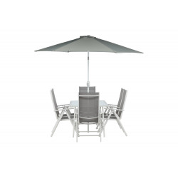 Āra mēbeļu komplekts Brekki ar lietussargu + 6 krēsli, pelēks/alumīnijs