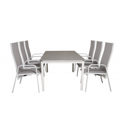 Āra galds līmeņi 160x240 cm, balts/pelēks+6 ēdamistabas krēsli Copacabana