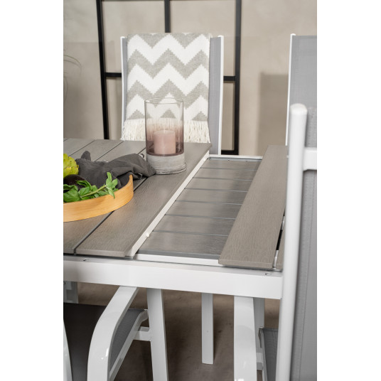 Āra galds līmeņi 160x240 cm, balts/pelēks+6 ēdamistabas krēsli Copacabana