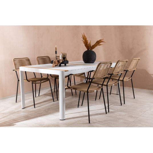  Āra galds Togo 200x100 cm, balts/tīkkoks + 6 ēdamistabas krēsli Lindas