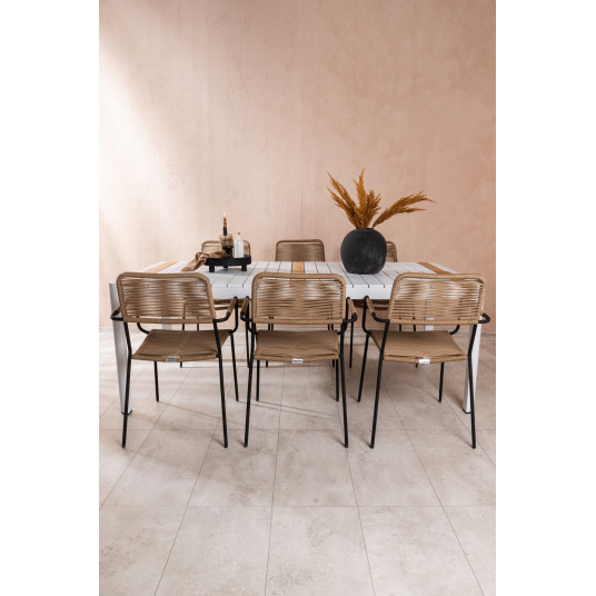  Āra galds Togo 200x100 cm, balts/tīkkoks + 6 ēdamistabas krēsli Lindas