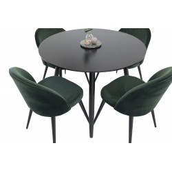 Pusdienu galds Plaza, Melns ø100*H75cm + 4 krēsli Velvet, Melns/Zaļš