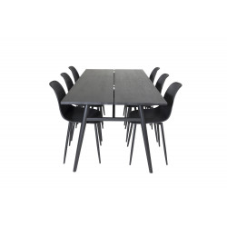 Ēdamistabas galds Sleek (izvelkams), 195x95cm, Melns + 6 krēsli Polar, Plastmasa/Melns