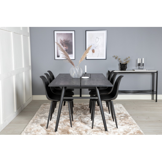 Ēdamistabas galds Sleek (izvelkams), 195x95cm, Melns + 6 krēsli Polar, Plastmasa/Melns