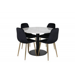 Pusdienu galds Estelle ø106cm, balts/melns + 4 krēsli Polar, melns velveta