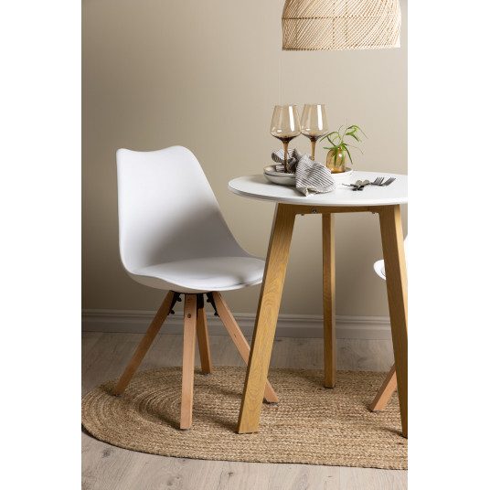 Ēdamistabas galds Leonora ø65, ozols/balts + 2 krēsli Zeno, balta plastmasa/koks