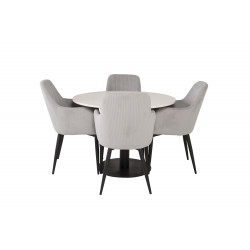 Pusdienu galds Razzia ø106cm - Balts/Melns + 4 krēsli Comfort Melns/Gaiši pelēks