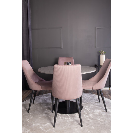 Pusdienu galds Razzia ø106cm, pelēks + 4 krēsli Leone, melns, pelnu rozā