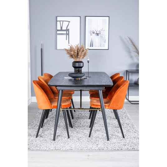 Pusdienu galds Zelts (izvelkams), 180/220x85xH76cm, Melns + 6 krēsli Samts, Oranžs/Melns