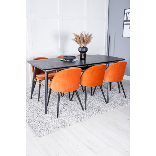 Pusdienu galds Zelts (izvelkams), 180/220x85xH76cm, Melns + 6 krēsli Samts, Oranžs/Melns