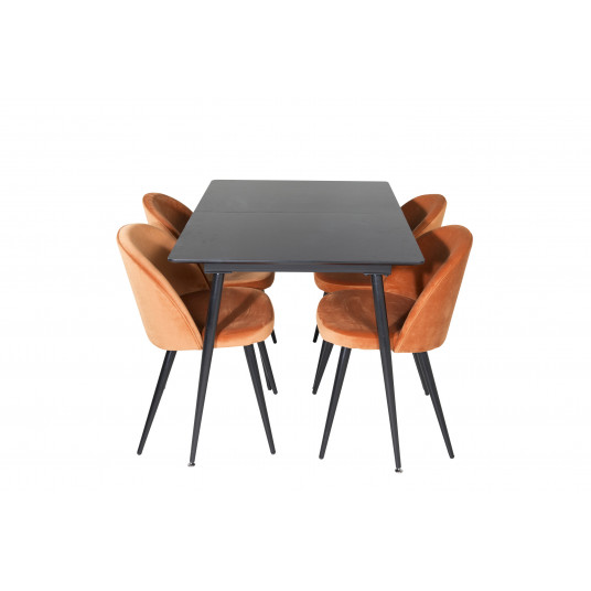 Pusdienu galds Silar (pagarināms), Melns + 4 krēsli Velvet, Orange