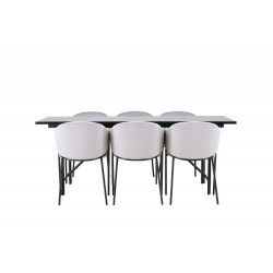 Pusdienu galds Astrid, 200x75cm, Melns + 6 krēsli Evelīna, Melns/Gaiši pelēks