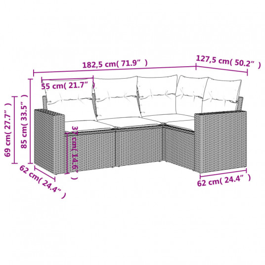 4-daļīgs dārza dīvāna komplekts ar matračiem, PE rotangpalma