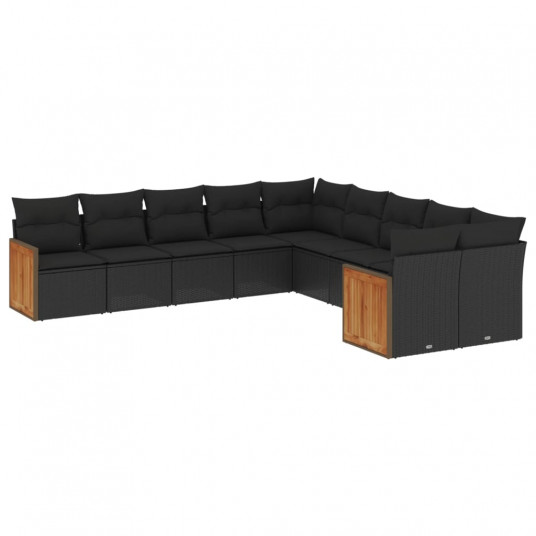 10-daļīgs dārza dīvāna komplekts, matrači, melna PE rotangpalma
