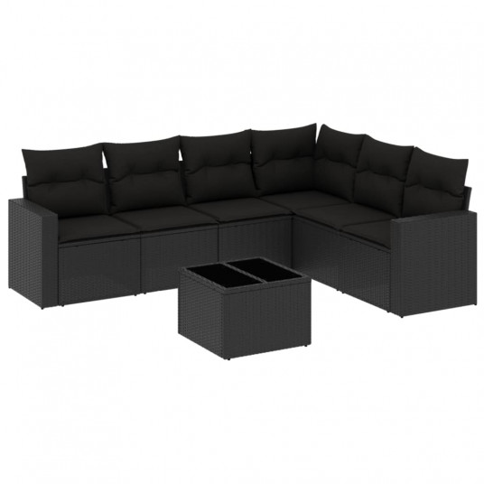 7-daļīgs dārza dīvāna komplekts ar matračiem, melna PE