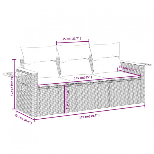 3-daļīgs dārza dīvānu komplekts ar matračiem, PE rotangpalma