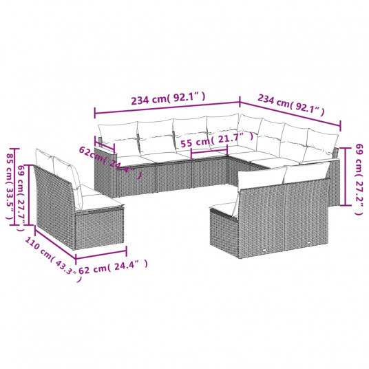 11-daļīgs dārza dīvāna komplekts, matrači, bēša PE rotangpalma