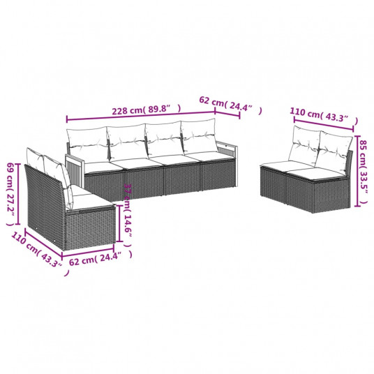 8-daļīgs dārza dīvāna komplekts, matrači, melna PE rotangpalma
