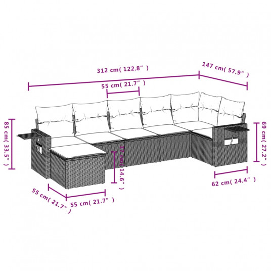 7-daļīgs dārza dīvāna komplekts, matrači, bēša PE rotangpalma