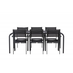 Āra galds Borneo 100x200 cm, Melns/Alumīnijs+6 ēdamistabas krēsli Copacabana 