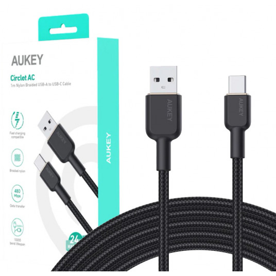 AUKEY CB-NAC1 USB-C Type-C Power Delivery PD 60W 3A 1m neilons melns