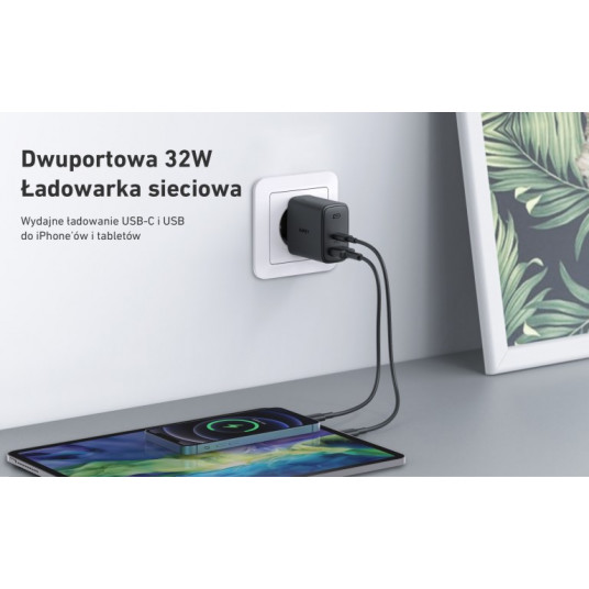 AUEKY Swift Series PA-F3S Tīkla lādētājs 1x USB 1x USB-C barošanas padeve 3.0 32W melns