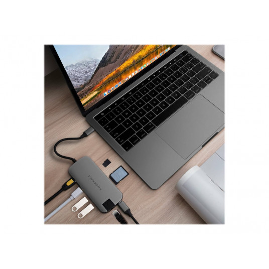 Hyper HyperDrive universālais USB-C 8-in-1 centrmezgls ar HDMI, MiniDP un 60 W PD jaudas caurlaide — kosmosa pelēks