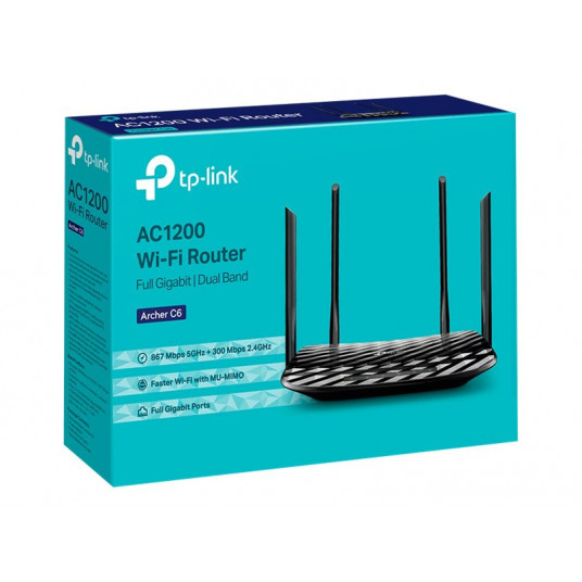 TP-LINK | Maršrutētājs | Archer C6 | 802.11ac | 300+867 Mbit/s | 10/100/1000 Mbit/s | Ethernet LAN (RJ-45) ports 4 | Tīkla atbalsta Nr. | MU-MiMO Jā | Nav mobilās platjoslas | Antenas tips 4xĀrējā | Nu