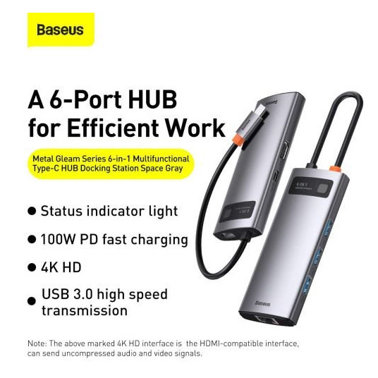 Hub 6w1 Baseus Metal Gleam Series, USB-C līdz 3x USB 3.0 + HDMI + USB-C PD + Ethernet RJ45