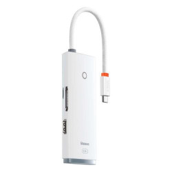 Hub 6w1 Baseus Lite Series, USB-C līdz 2x USB 3.0 + HDMI + USB-C + TF/SD (balts)